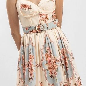 Rosevelvet Floral Print Corset Dress with Belt
